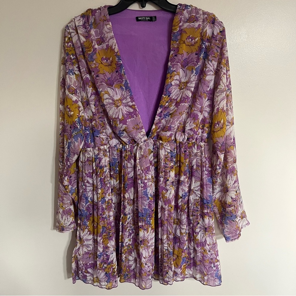 Nasty‎ Gal Womens Size 10 Sunflower Lilac Floral Print Pleated Plunge Mini Dress